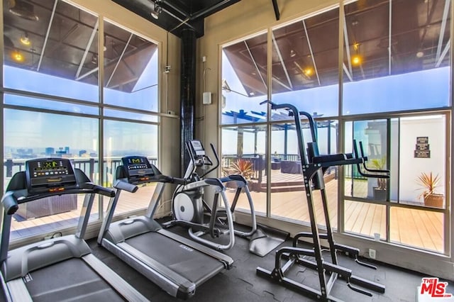 exercise room featuring floor to ceiling windows