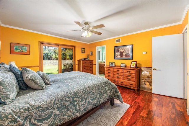 bedroom featuring ornamental molding, dark hardwood / wood-style floors, access to exterior, and ceiling fan