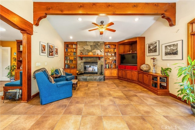 tiled living room with ceiling fan, built in features, vaulted ceiling with beams, and a fireplace