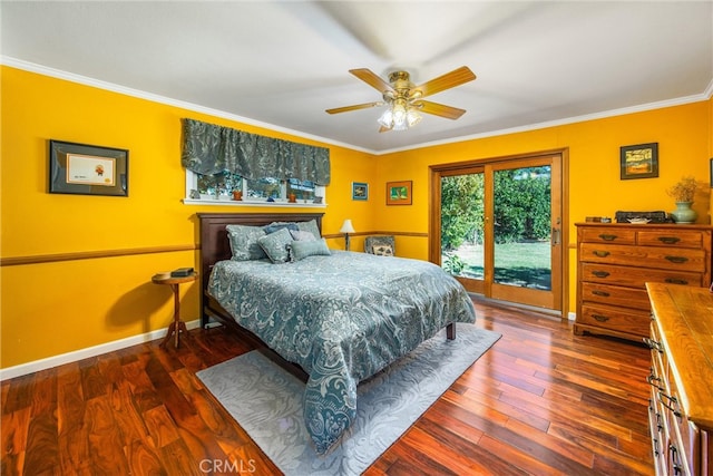 bedroom with ornamental molding, dark hardwood / wood-style floors, access to outside, and ceiling fan