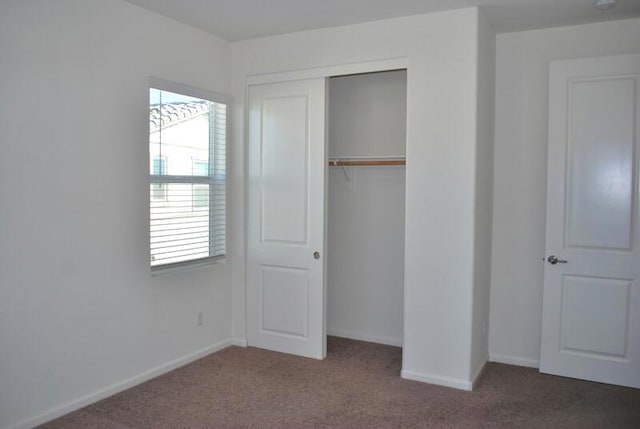 unfurnished bedroom with a closet and carpet floors