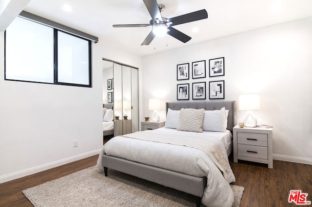 bedroom with a closet, ceiling fan, and dark wood-type flooring