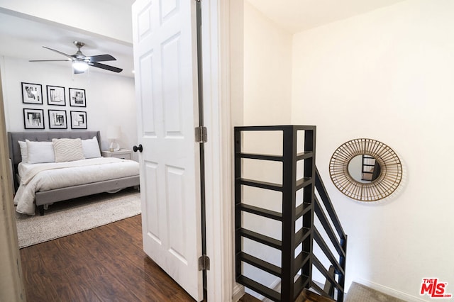 bedroom with dark hardwood / wood-style flooring and ceiling fan