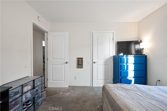 bedroom featuring dark colored carpet