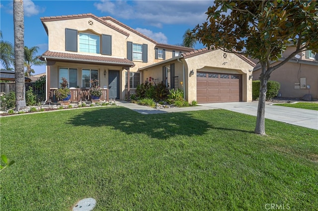 view of front of house with a garage, a front lawn, and covered porch