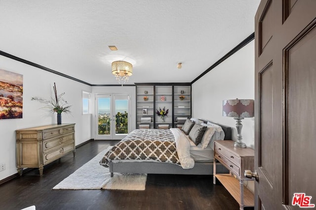 bedroom with french doors, a textured ceiling, crown molding, and dark wood-type flooring