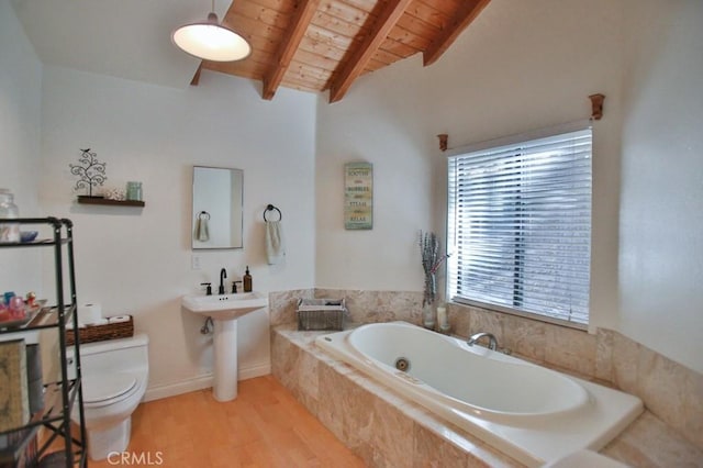 bathroom with toilet, vaulted ceiling with beams, wood-type flooring, wooden ceiling, and tiled tub