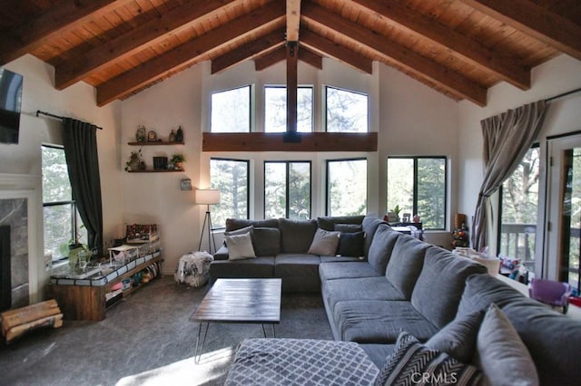 carpeted living room with high vaulted ceiling, beam ceiling, wooden ceiling, and a premium fireplace