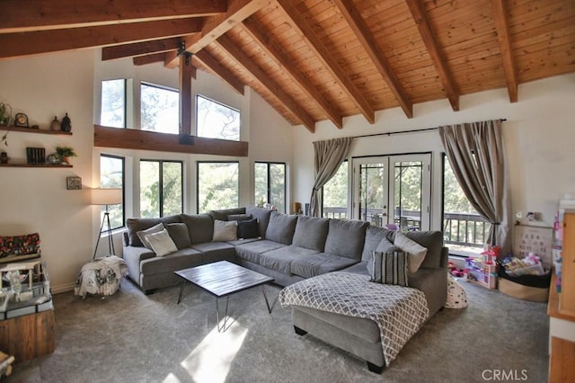 carpeted living area featuring wood ceiling, high vaulted ceiling, beam ceiling, and french doors