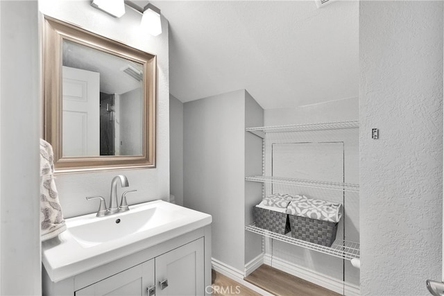 bathroom featuring hardwood / wood-style flooring, vanity, and a shower with curtain