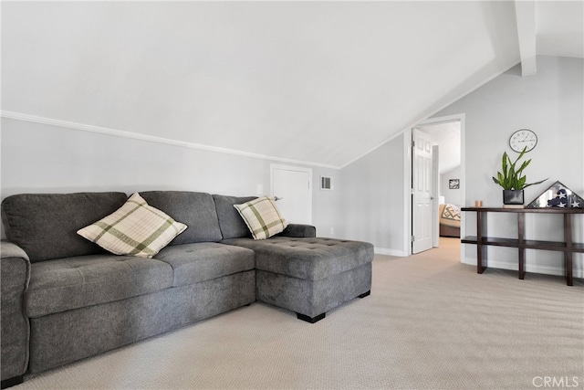 carpeted living room featuring lofted ceiling