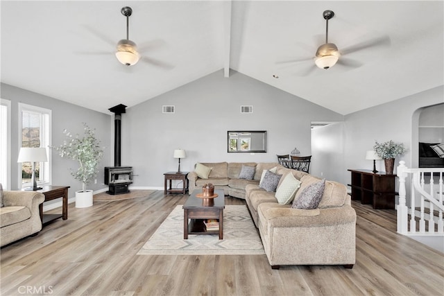 living room with lofted ceiling with beams, light wood-type flooring, a wood stove, and ceiling fan