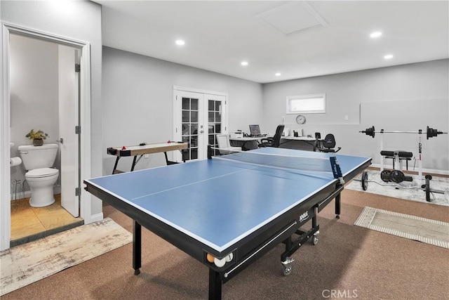 recreation room with french doors and carpet flooring