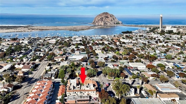 aerial view with a water view and a beach view