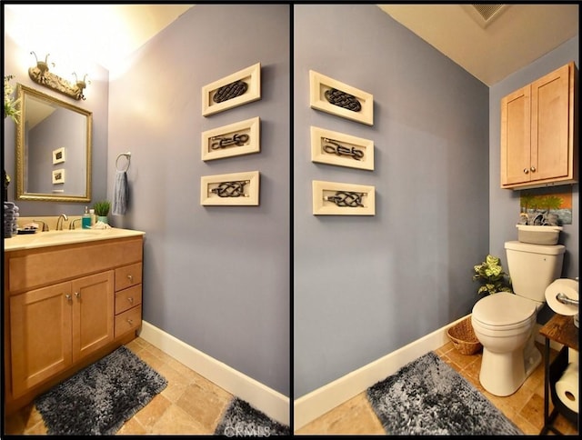 half bath featuring vanity, toilet, and baseboards