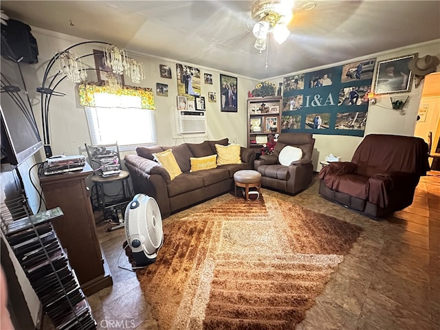 living room with ornamental molding, cooling unit, and ceiling fan