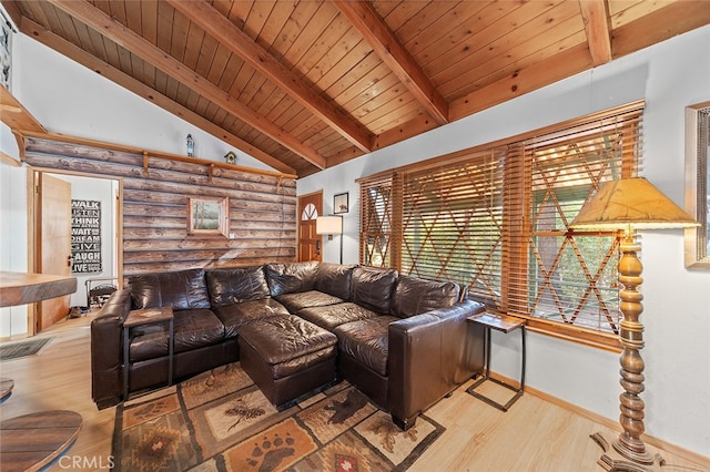 living room featuring wood ceiling, lofted ceiling with beams, and light wood-type flooring