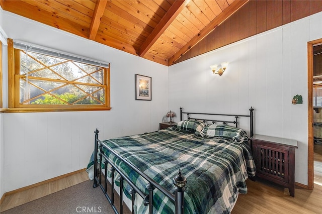 bedroom featuring wood-type flooring, vaulted ceiling with beams, wood walls, and wooden ceiling