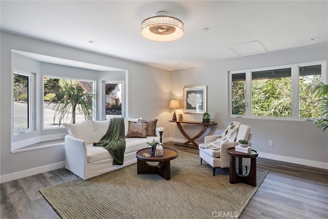 3078 Wilton Dr, Cambria, CA 93428 - living room with attic access, healthy amount of natural light, and wood finished floors