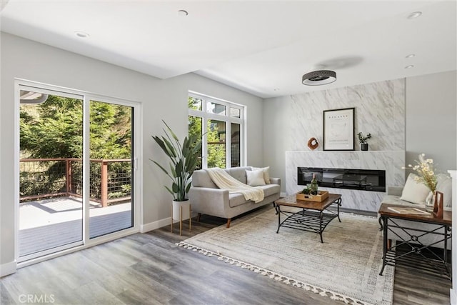 living room featuring a high end fireplace, hardwood / wood-style floors, and a wealth of natural light