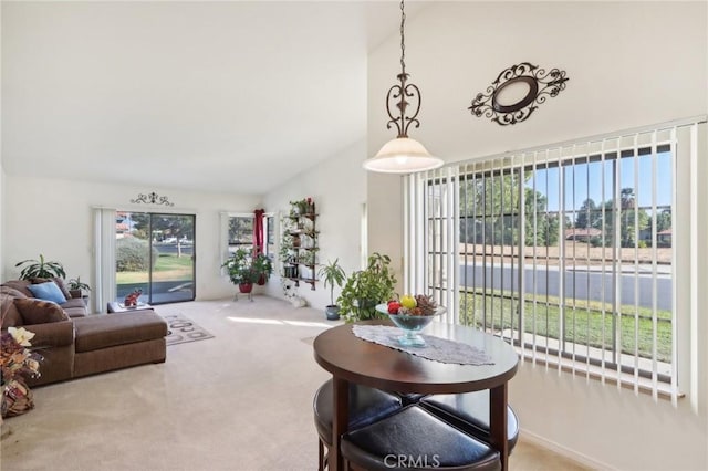 living area featuring lofted ceiling and carpet