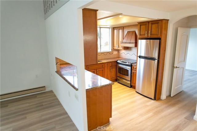 kitchen featuring baseboard heating, appliances with stainless steel finishes, premium range hood, backsplash, and light wood-type flooring