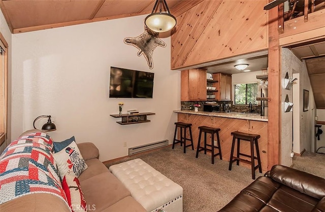 carpeted living room featuring wooden ceiling, sink, and a baseboard heating unit