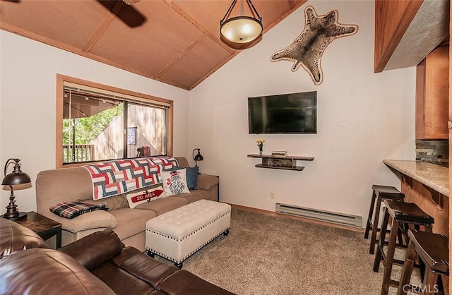 carpeted living room with baseboard heating and lofted ceiling