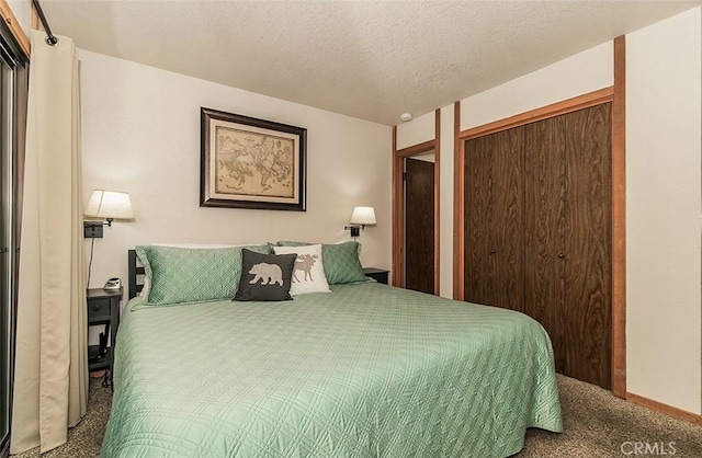 bedroom featuring carpet, a textured ceiling, and a closet