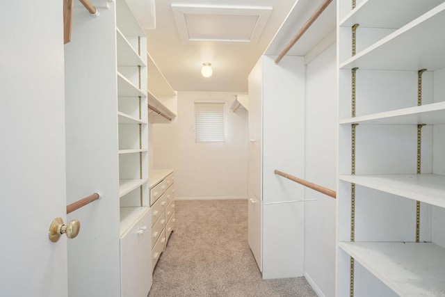 walk in closet featuring light carpet