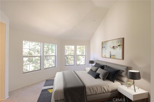 carpeted bedroom featuring lofted ceiling