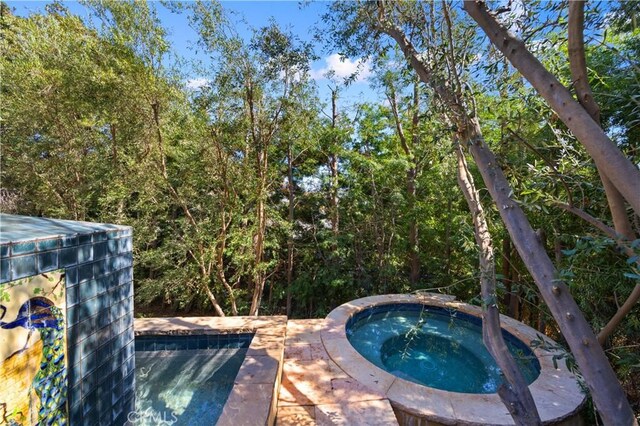 view of pool with an in ground hot tub