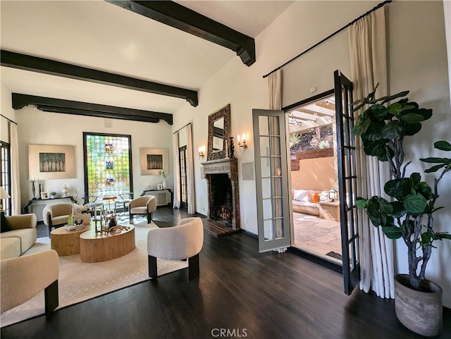 living room with dark wood-type flooring, french doors, and beamed ceiling