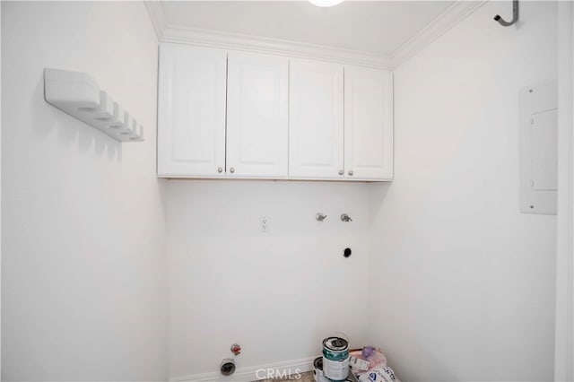 clothes washing area with washer hookup, electric panel, gas dryer hookup, cabinets, and crown molding