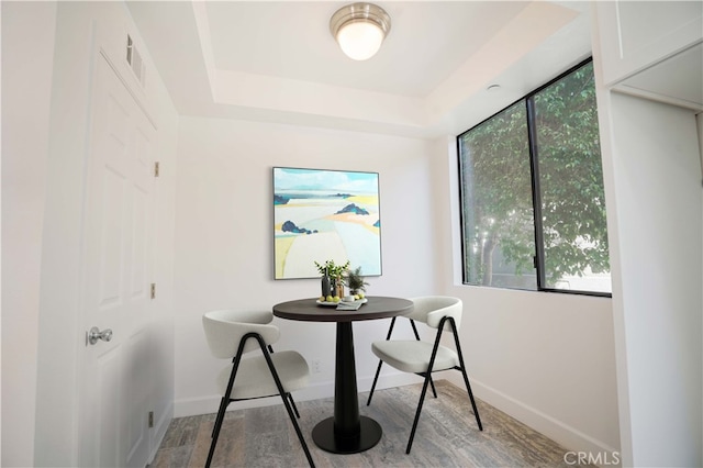 home office featuring a raised ceiling and hardwood / wood-style flooring