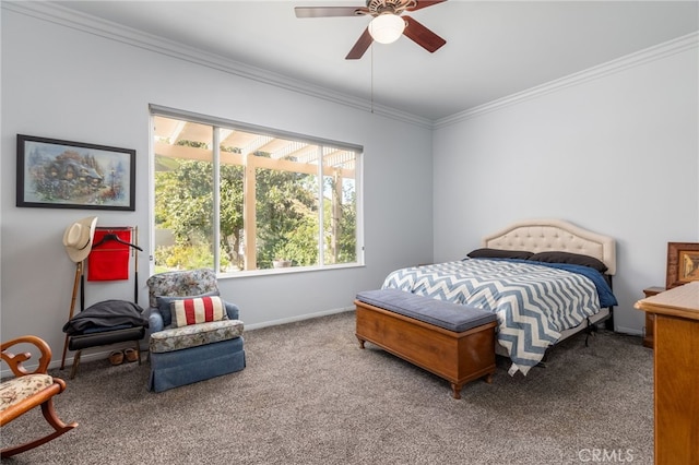 carpeted bedroom featuring crown molding and ceiling fan