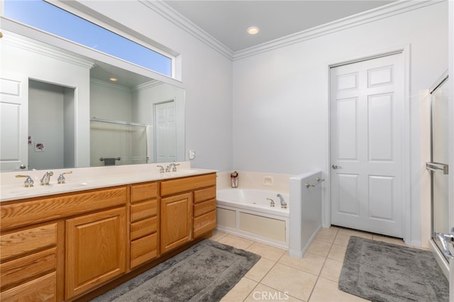 bathroom featuring ornamental molding, separate shower and tub, tile patterned floors, and vanity