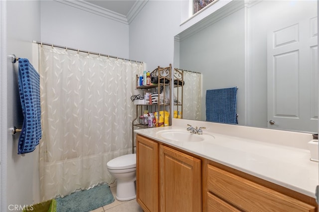 full bathroom with tile patterned flooring, toilet, crown molding, shower / tub combo with curtain, and vanity