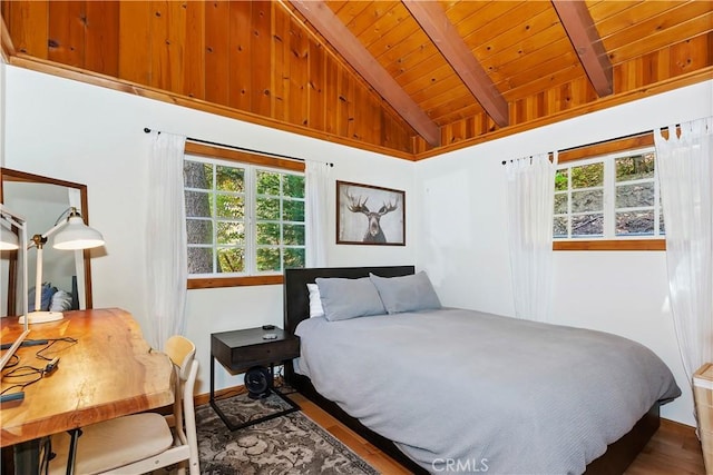 bedroom featuring beam ceiling, hardwood / wood-style flooring, multiple windows, and wooden ceiling