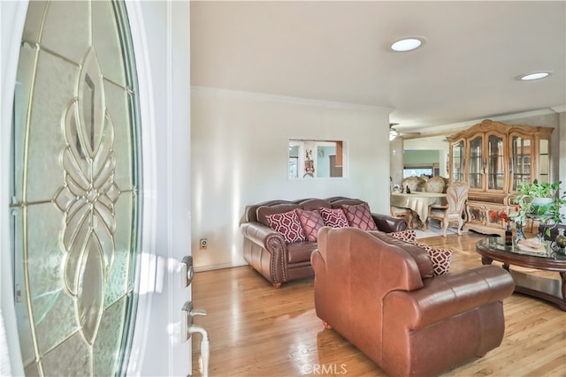 living room featuring ornamental molding and light hardwood / wood-style flooring