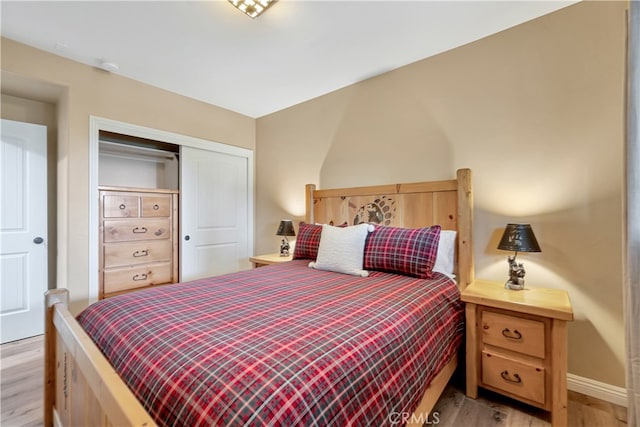 bedroom with a closet and light hardwood / wood-style floors