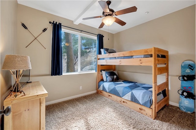 bedroom featuring ceiling fan and carpet