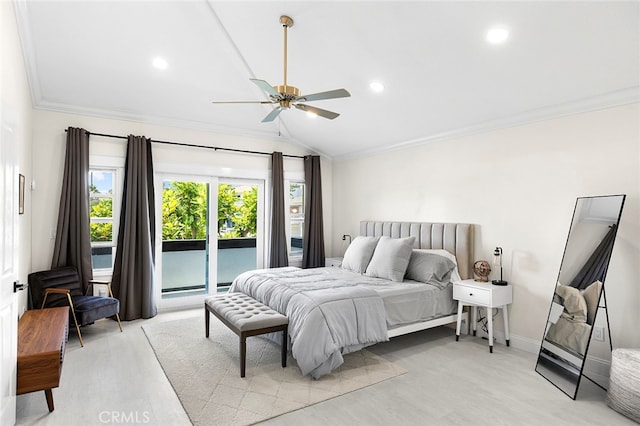 bedroom with ceiling fan, light hardwood / wood-style flooring, lofted ceiling, access to outside, and ornamental molding