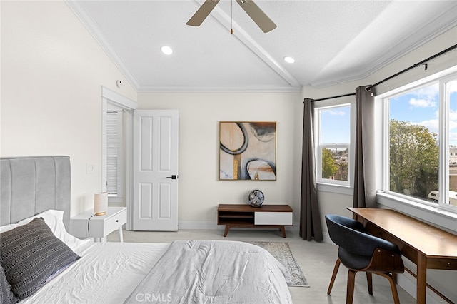 bedroom with ornamental molding, ceiling fan, and vaulted ceiling