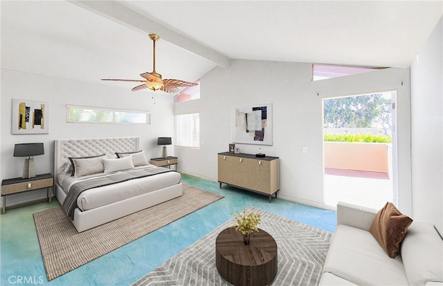 carpeted bedroom featuring lofted ceiling with beams, baseboards, and ceiling fan