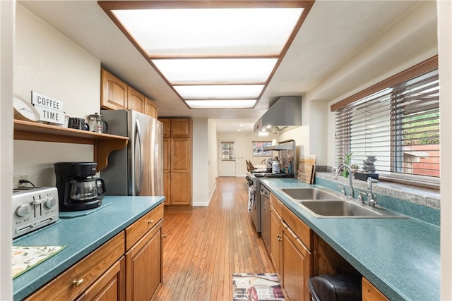 kitchen with wall chimney exhaust hood, sink, stainless steel appliances, and light wood-type flooring