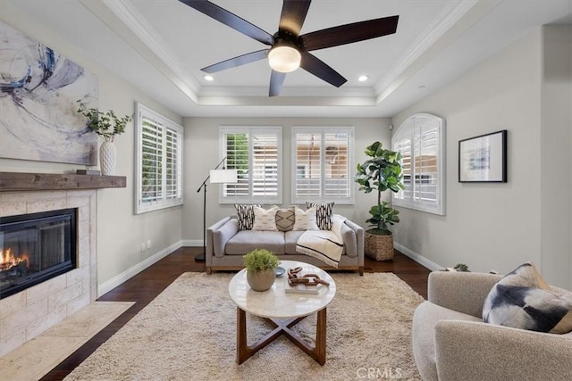 living room with dark hardwood / wood-style floors, a fireplace, and a tray ceiling