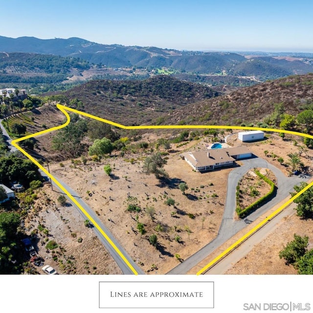 birds eye view of property featuring a mountain view