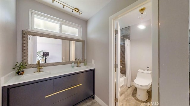 full bathroom with vanity, toilet, and shower / bathtub combination with curtain