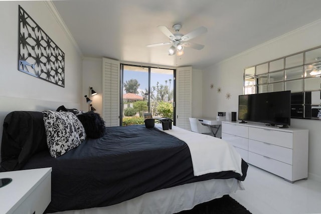 bedroom featuring ceiling fan and crown molding